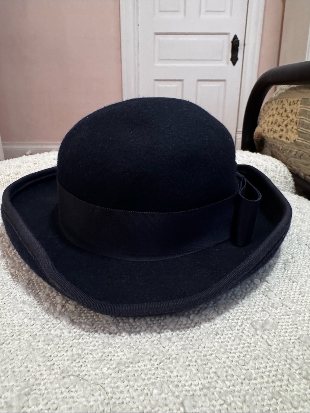 Classic Black Women's Wool Bowler Hat with Ribbon Trim